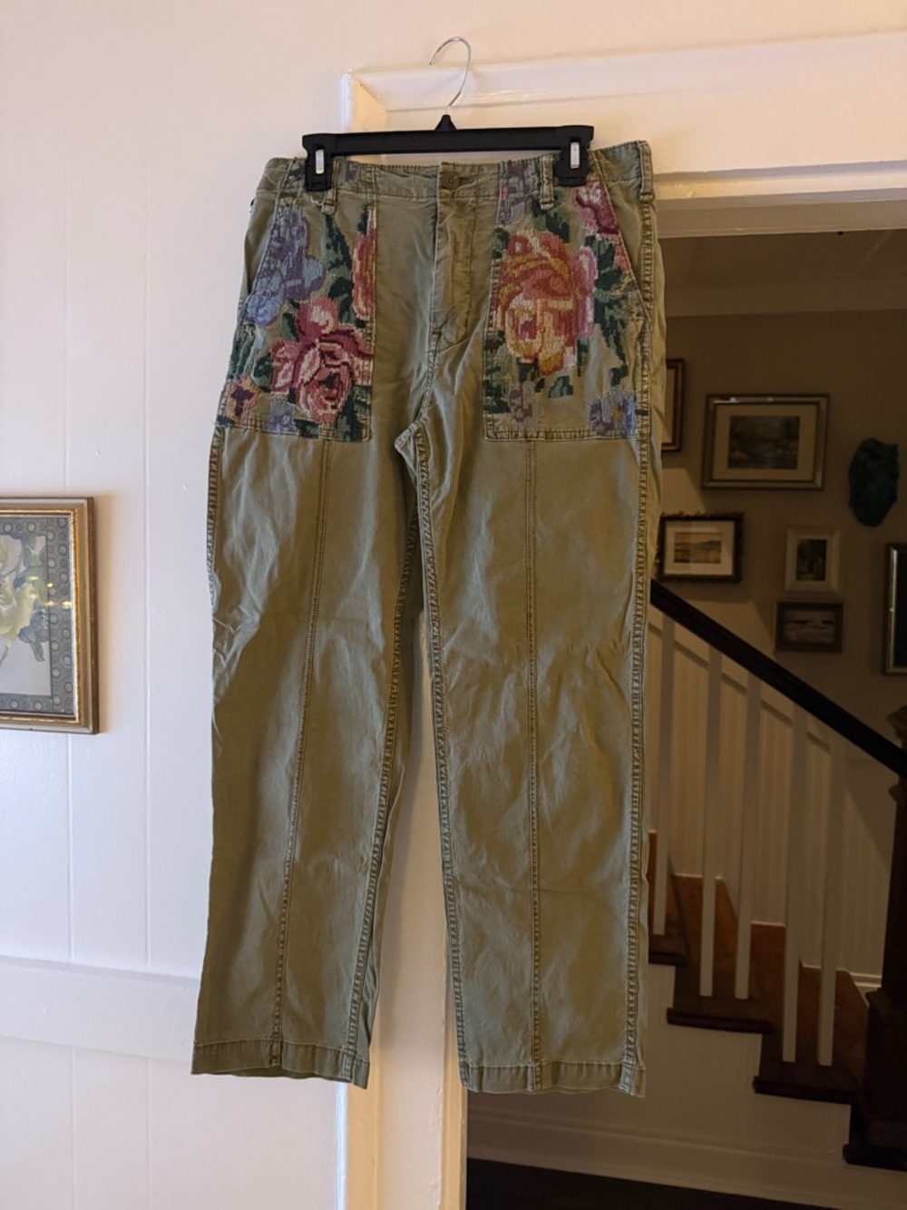 Anthropologie Olive Green Chinos with Tapestry Floral Pockets